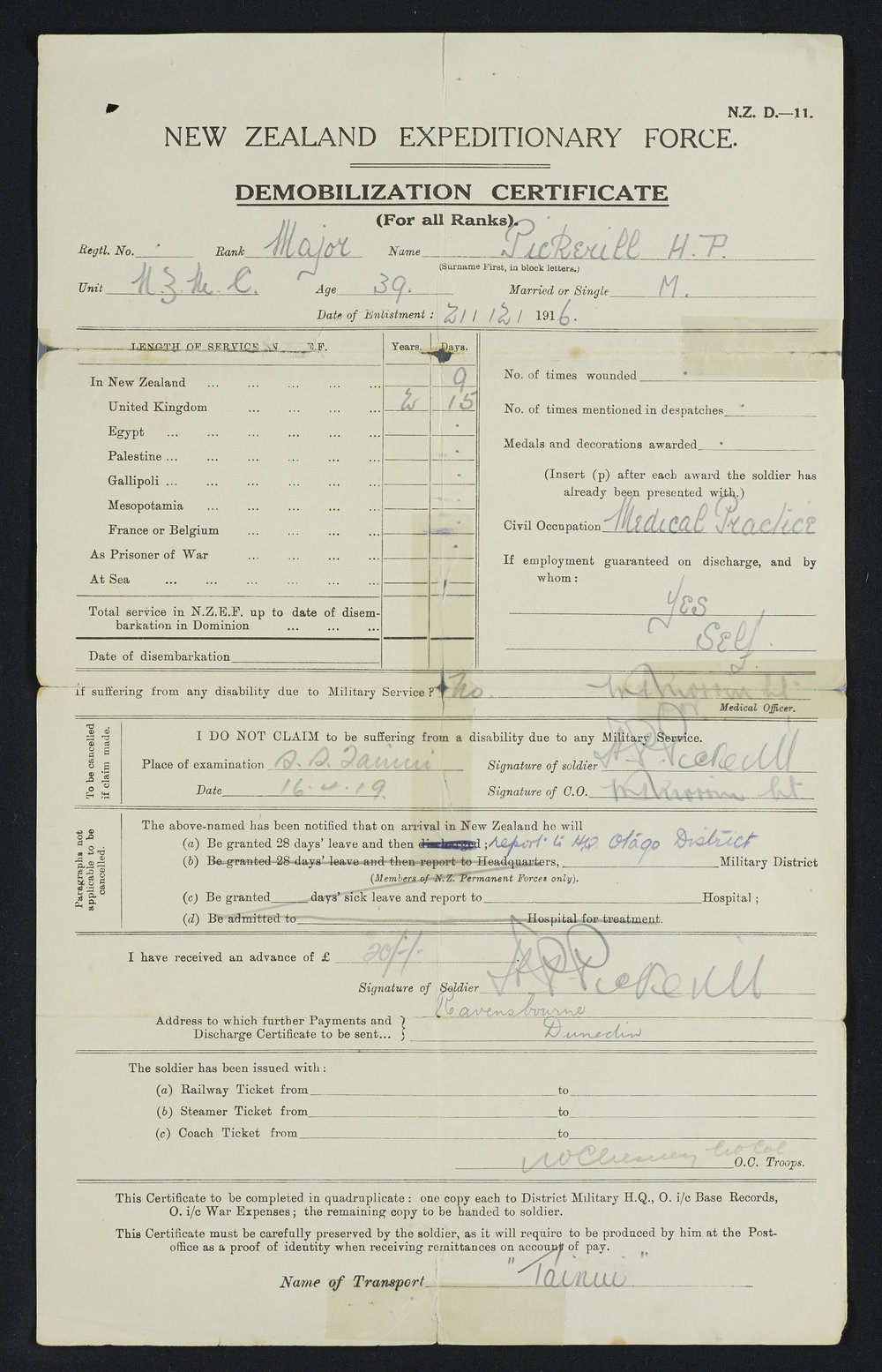 Pickerill's demobilisation certificate